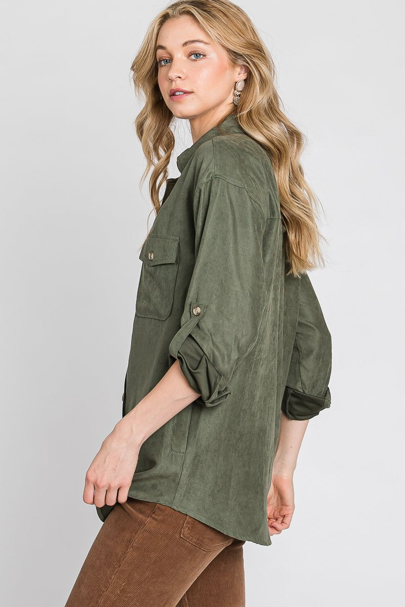Faux suede classic button-down shirt with button strap long sleeves - multiple colors Ivy and Pearl Boutique