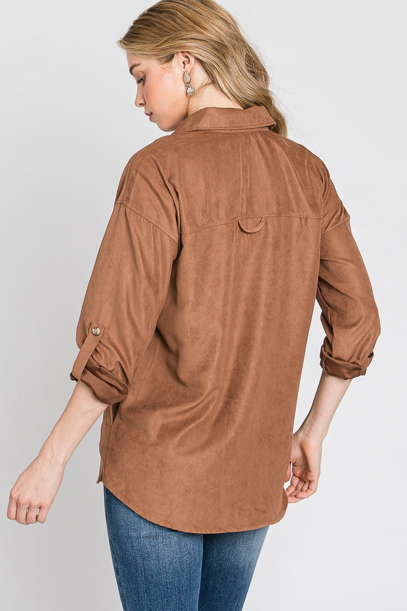 Faux suede classic button-down shirt with button strap long sleeves - multiple colors Ivy and Pearl Boutique