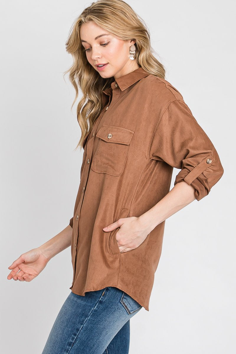 Faux suede classic button-down shirt with button strap long sleeves - multiple colors Ivy and Pearl Boutique