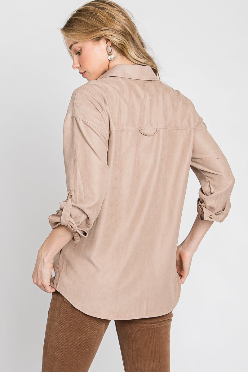 Faux suede classic button-down shirt with button strap long sleeves - multiple colors Ivy and Pearl Boutique