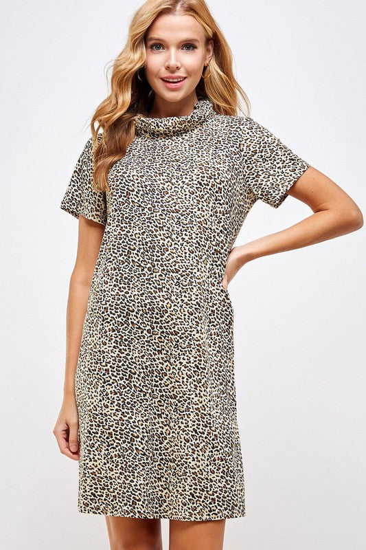 Fitted Leopard Print Cowl Neck Essential Dress with Built-in Face Mask Ivy and Pearl Boutique