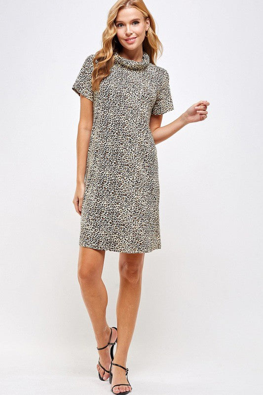 Fitted Leopard Print Cowl Neck Essential Dress with Built-in Face Mask Ivy and Pearl Boutique