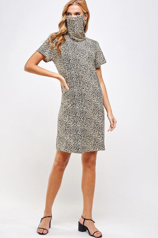 Fitted Leopard Print Cowl Neck Essential Dress with Built-in Face Mask Ivy and Pearl Boutique
