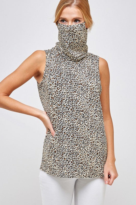 Fitted High Neck Sleeveless Top with Built-In Face Mask Ivy and Pearl Boutique Brown Leopard S