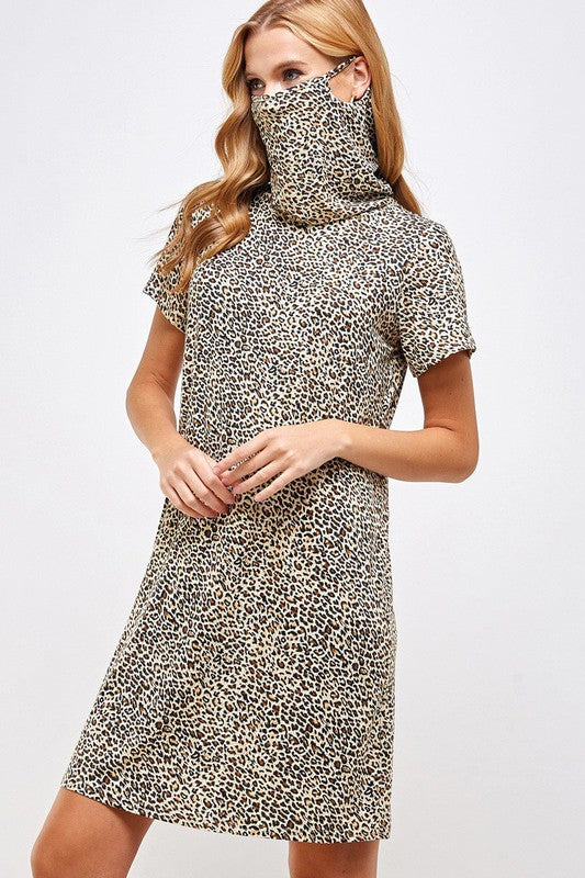 Fitted Leopard Print Cowl Neck Essential Dress with Built-in Face Mask Ivy and Pearl Boutique Brown Leopard S