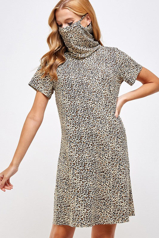 Fitted Leopard Print Cowl Neck Essential Dress with Built-in Face Mask Ivy and Pearl Boutique