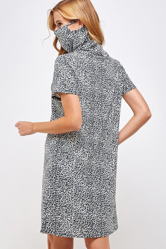 Fitted Leopard Print Cowl Neck Essential Dress with Built-in Face Mask Ivy and Pearl Boutique