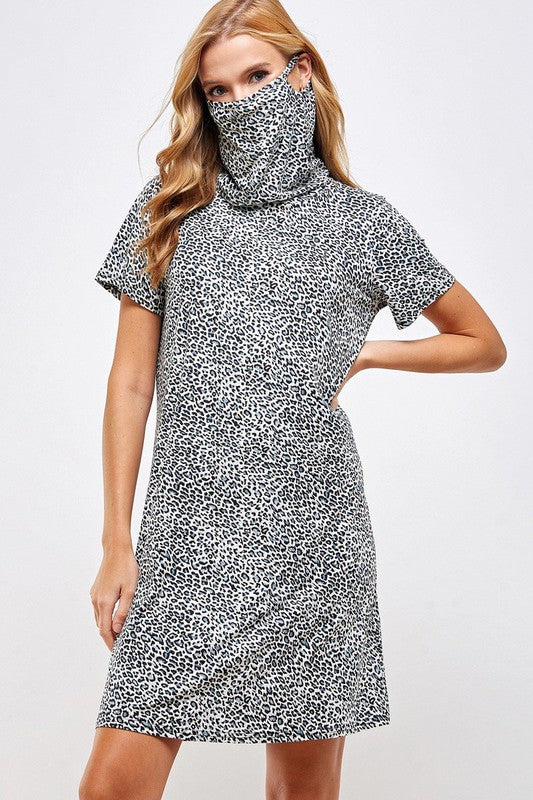 Fitted Leopard Print Cowl Neck Essential Dress with Built-in Face Mask Ivy and Pearl Boutique