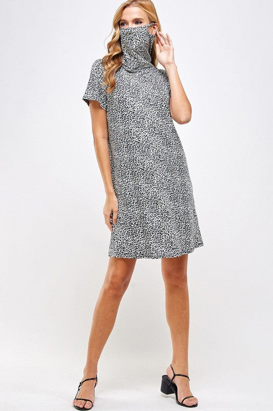 Fitted Leopard Print Cowl Neck Essential Dress with Built-in Face Mask Ivy and Pearl Boutique