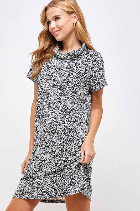 Fitted Leopard Print Cowl Neck Essential Dress with Built-in Face Mask Ivy and Pearl Boutique Gray Leopard S