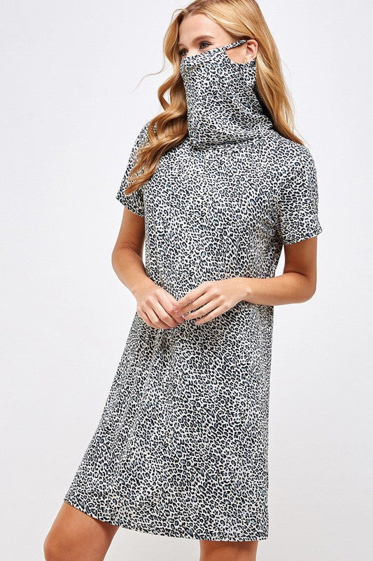 Fitted Leopard Print Cowl Neck Essential Dress with Built-in Face Mask Ivy and Pearl Boutique