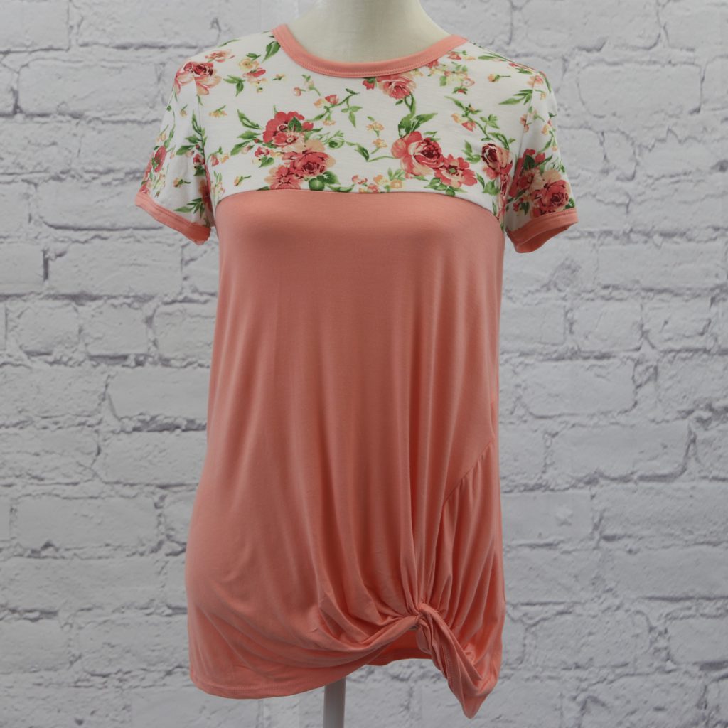 Floral and solid twisted bottom with cap sleeve Ivy and Pearl Boutique Peach S
