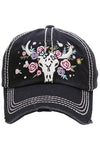 Floral cow skull vintage ball cap  Ivy and Pearl Boutique Black