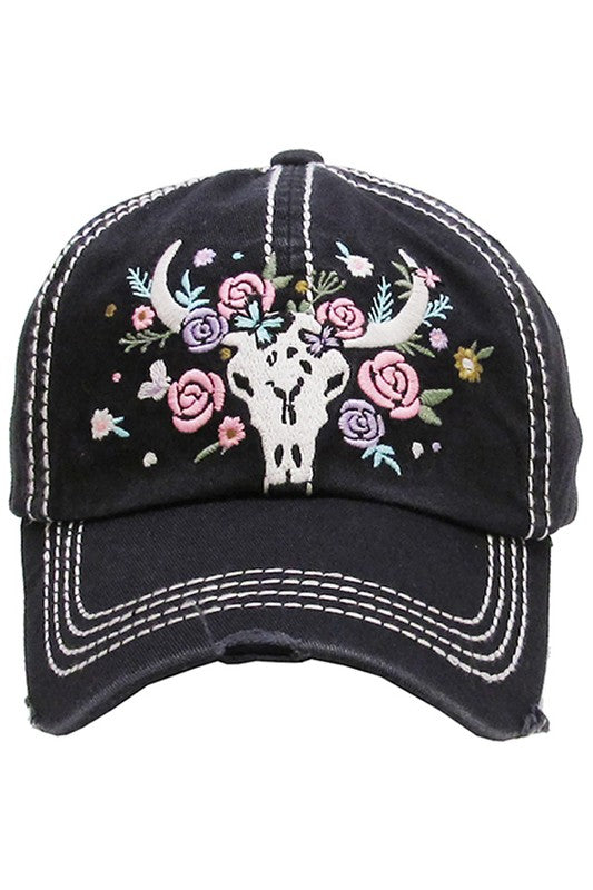 Floral cow skull vintage ball cap Ivy and Pearl Boutique Black