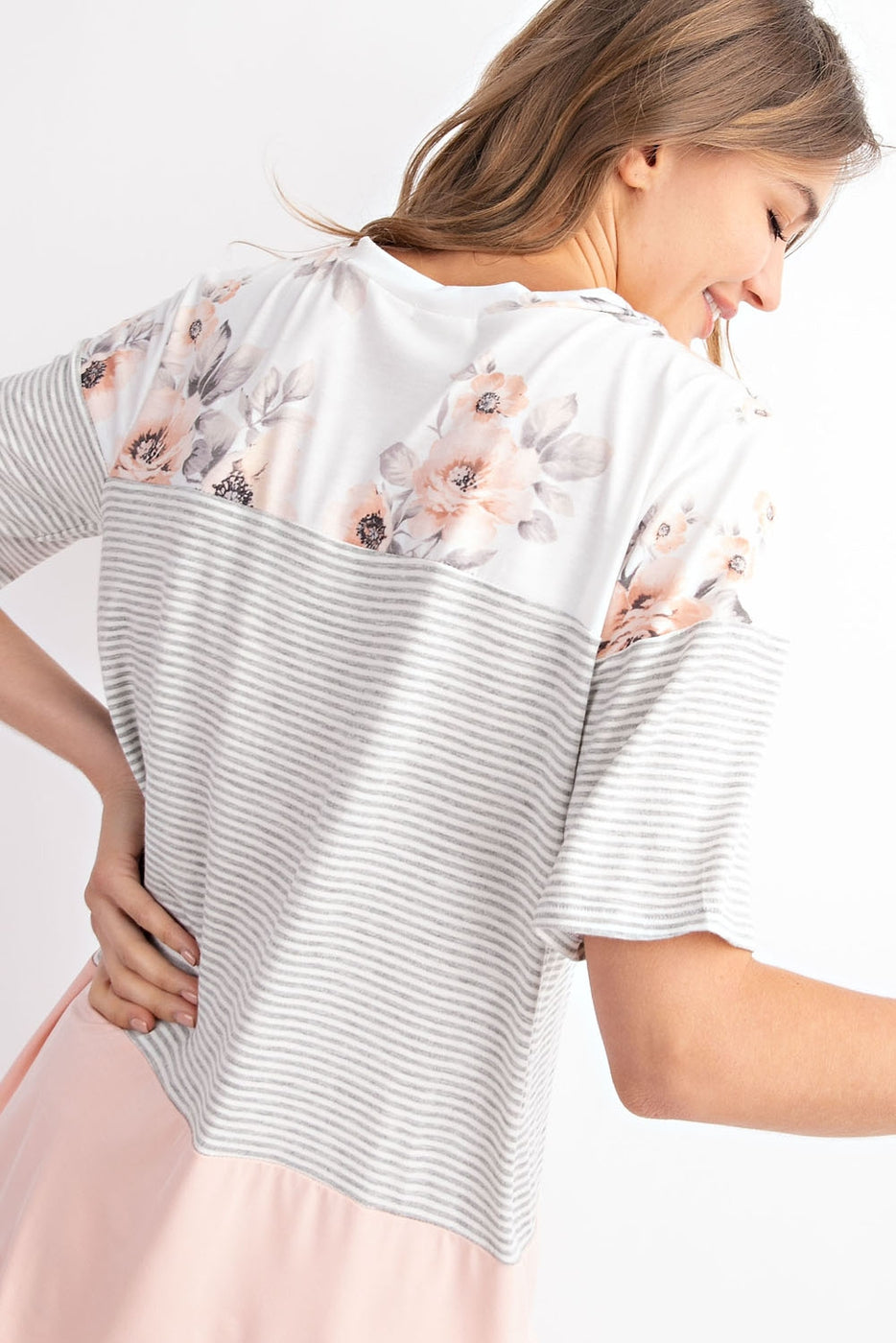Floral french terry color block V-neck short sleeve top Ivy and Pearl Boutique