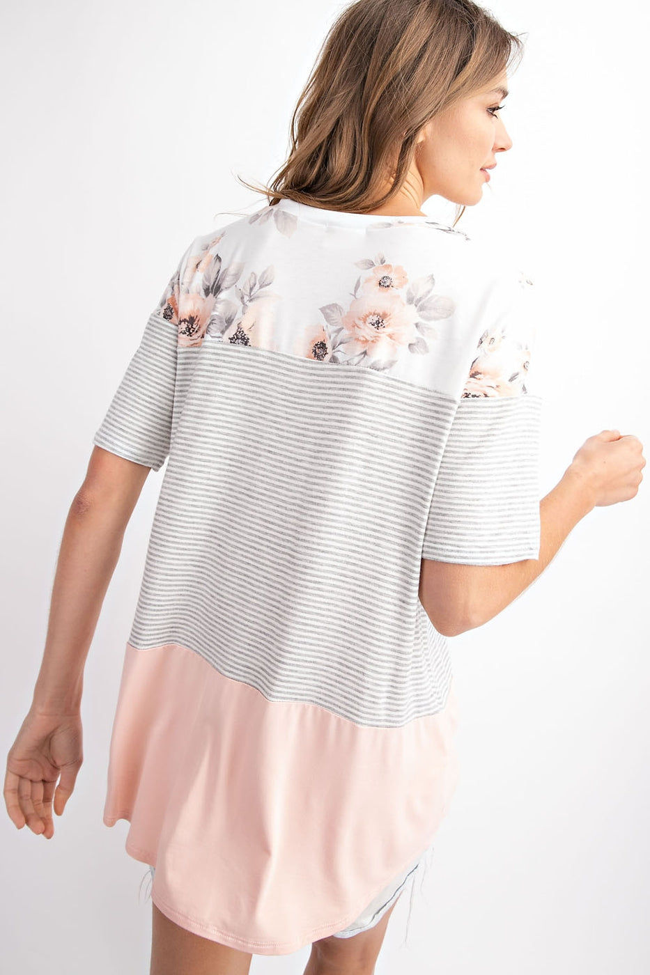 Floral french terry color block V-neck short sleeve top Ivy and Pearl Boutique