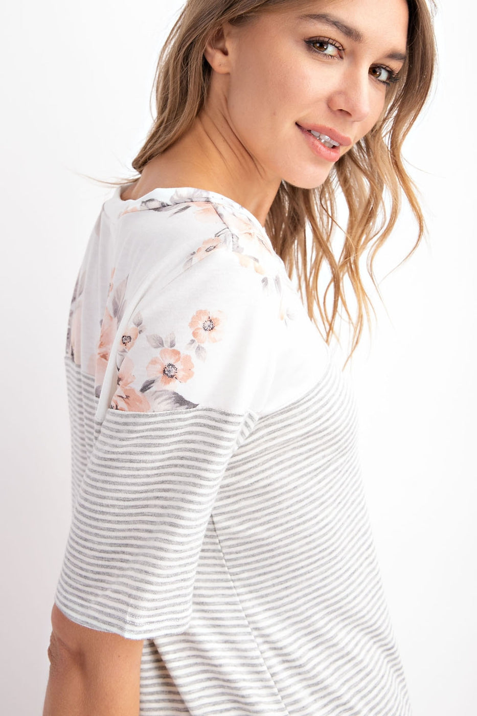 Floral french terry color block V-neck short sleeve top Ivy and Pearl Boutique