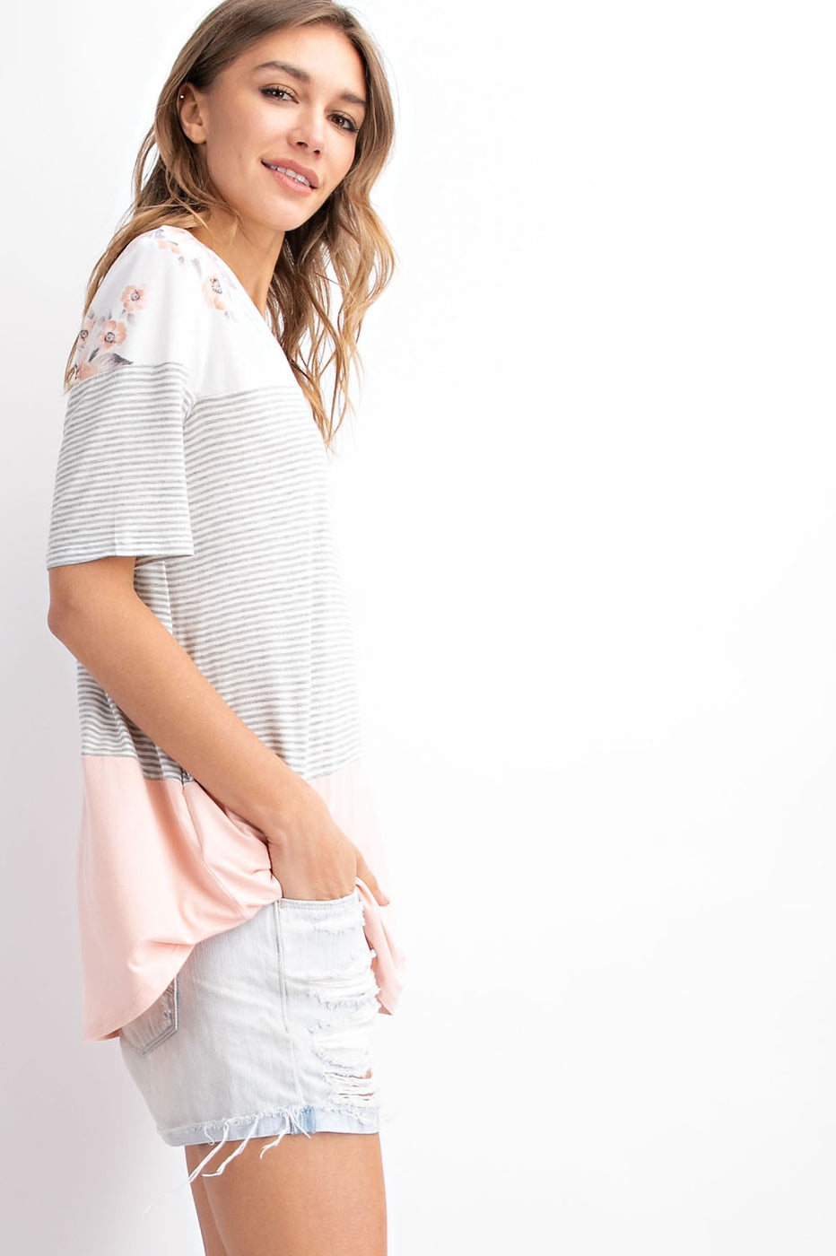 Floral french terry color block V-neck short sleeve top Ivy and Pearl Boutique