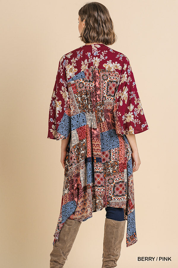Floral mixed scarf print bell-sleeve open front long kimono with sharkbite hem Ivy and Pearl Boutique