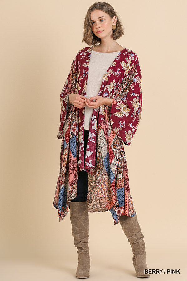 Floral mixed scarf print bell-sleeve open front long kimono with sharkbite hem Ivy and Pearl Boutique Berry M/L