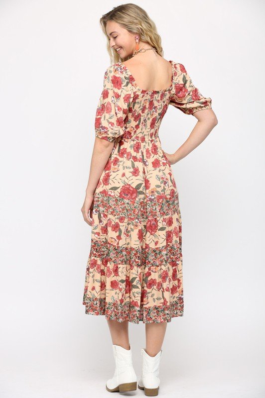 Floral Print Mixed and Smocked Bodice Midi Dress with Square Neck Ivy and Pearl Boutique