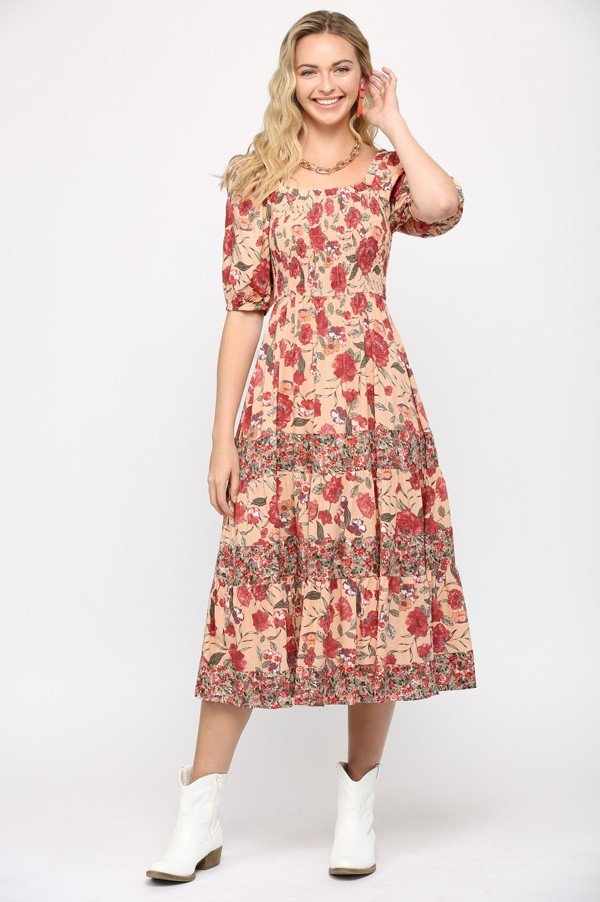 Floral Print Mixed and Smocked Bodice Midi Dress with Square Neck Ivy and Pearl Boutique Rose S