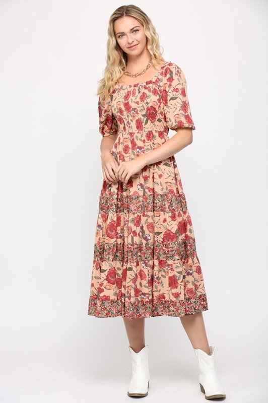 Floral Print Mixed and Smocked Bodice Midi Dress with Square Neck Ivy and Pearl Boutique