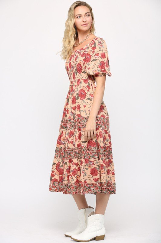 Floral Print Mixed and Smocked Bodice Midi Dress with Square Neck Ivy and Pearl Boutique