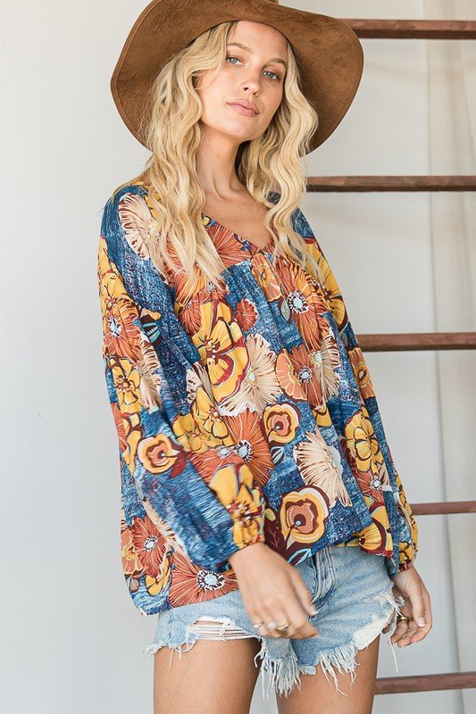 Floral Print Puff Sleeve Collared Flowy Babydoll Top Ivy and Pearl Boutique