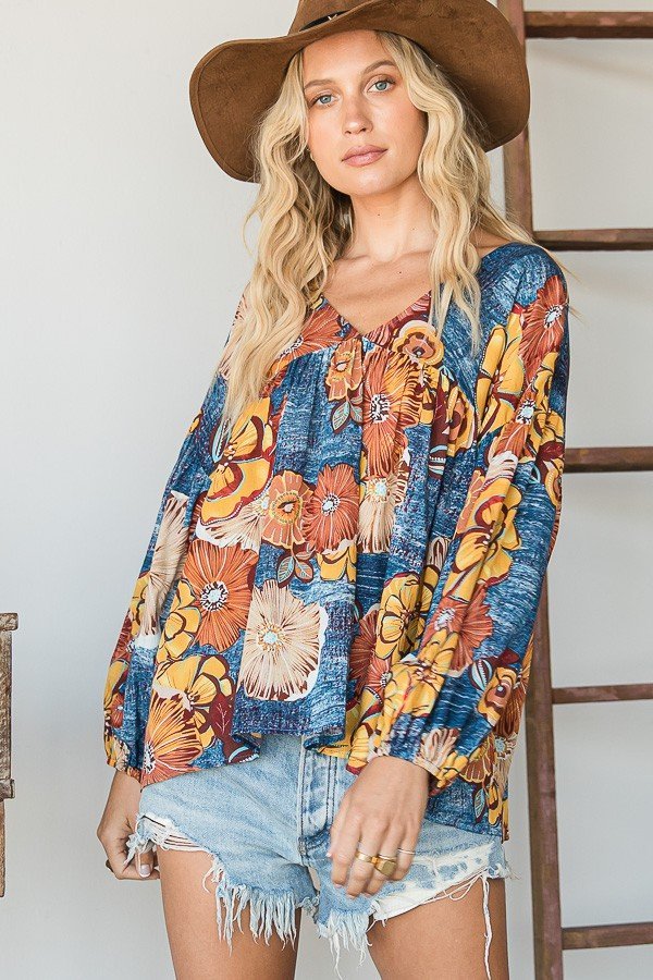 Floral Print Puff Sleeve Collared Flowy Babydoll Top Ivy and Pearl Boutique