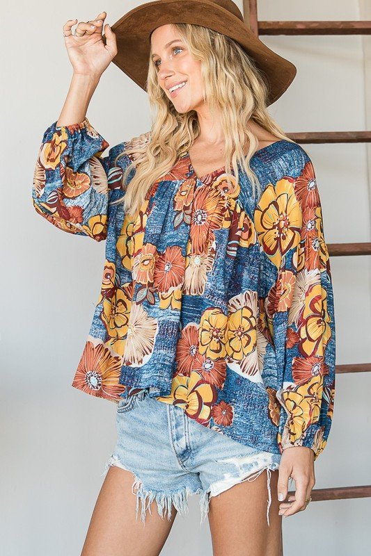 Floral Print Puff Sleeve Collared Flowy Babydoll Top Ivy and Pearl Boutique
