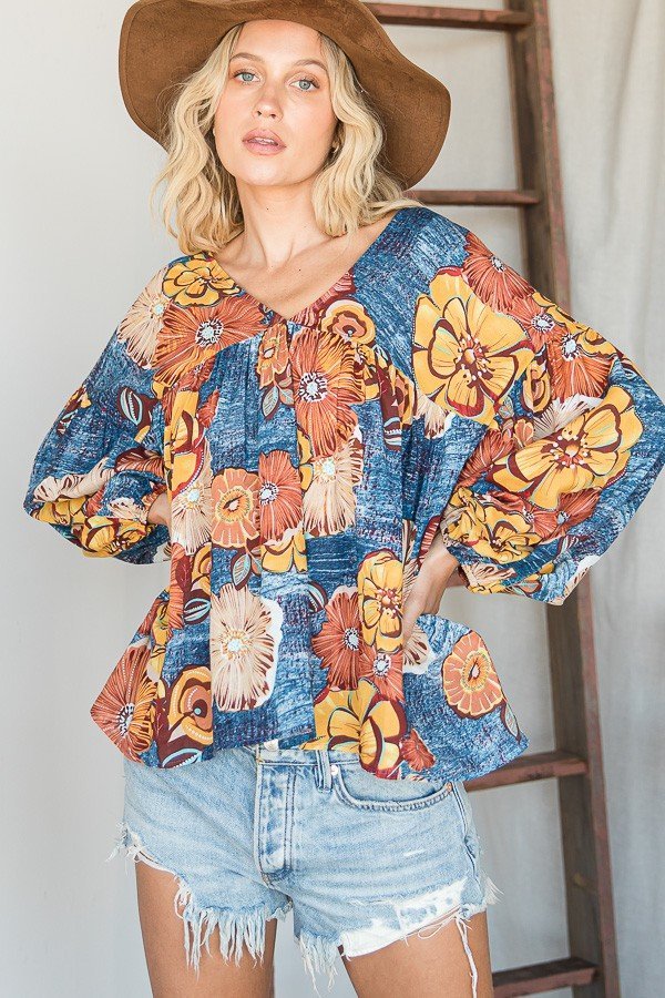 Floral Print Puff Sleeve Collared Flowy Babydoll Top Ivy and Pearl Boutique