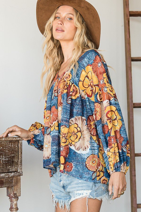 Floral Print Puff Sleeve Collared Flowy Babydoll Top Ivy and Pearl Boutique