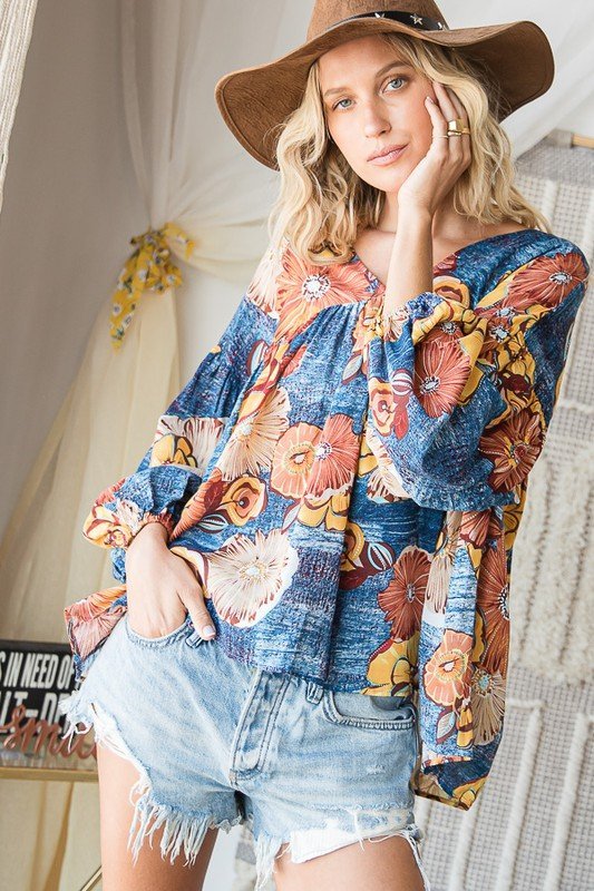 Floral Print Puff Sleeve Collared Flowy Babydoll Top Ivy and Pearl Boutique