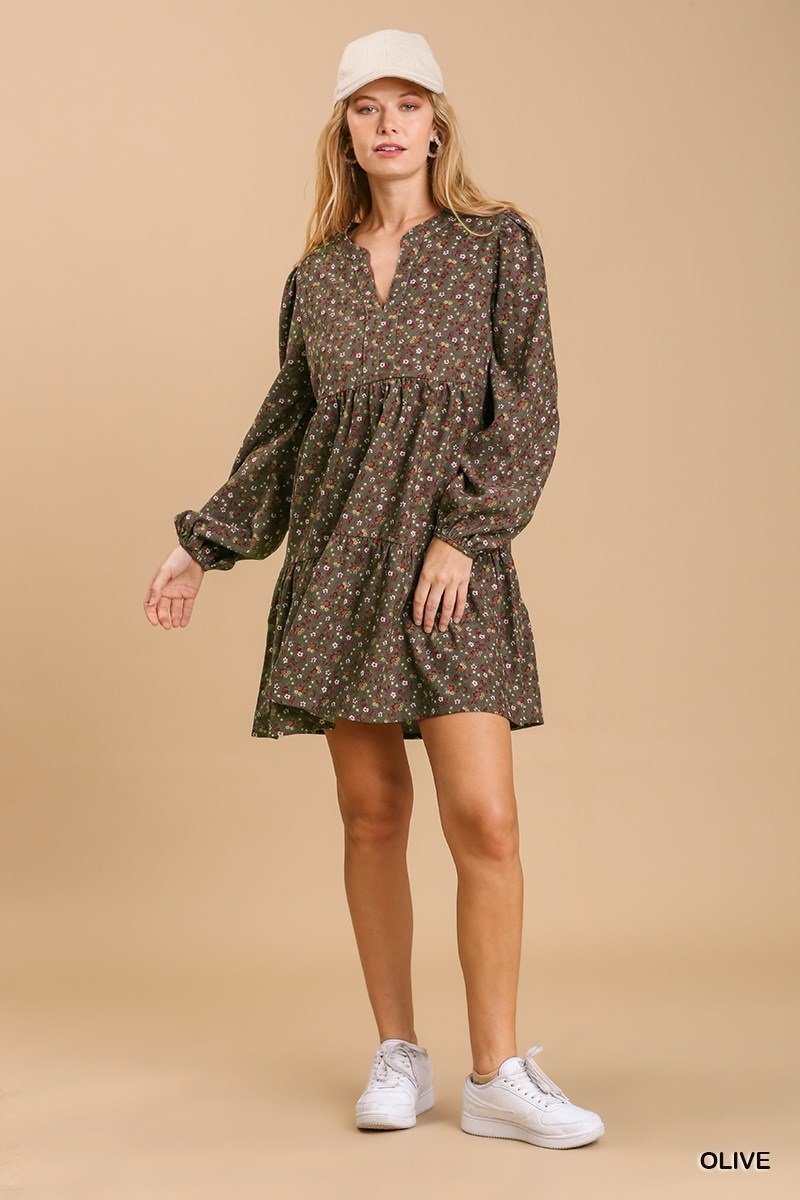 Floral Print Split Neck Tiered Dress Ivy and Pearl Boutique Olive S