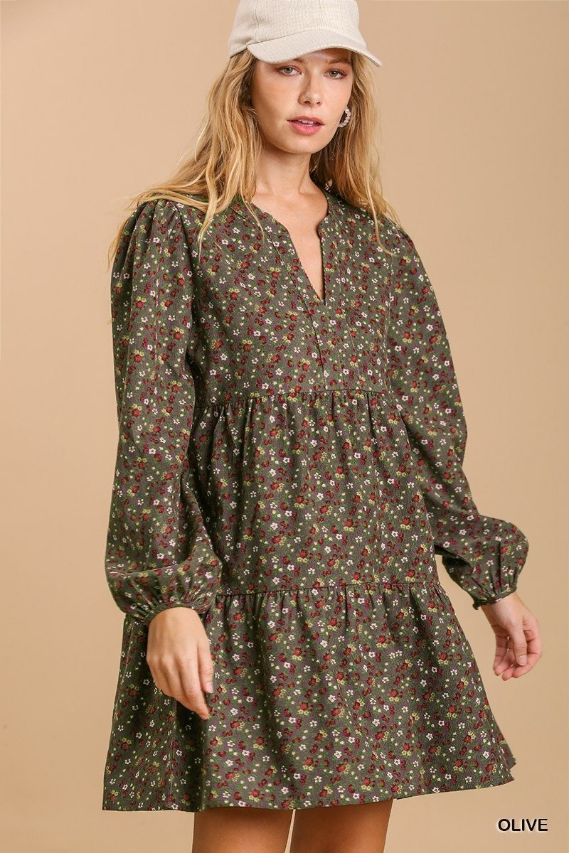 Floral Print Split Neck Tiered Dress Ivy and Pearl Boutique