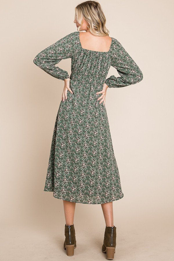 Floral printed puff long sleeve woven midi dress with front tie detail Ivy and Pearl Boutique