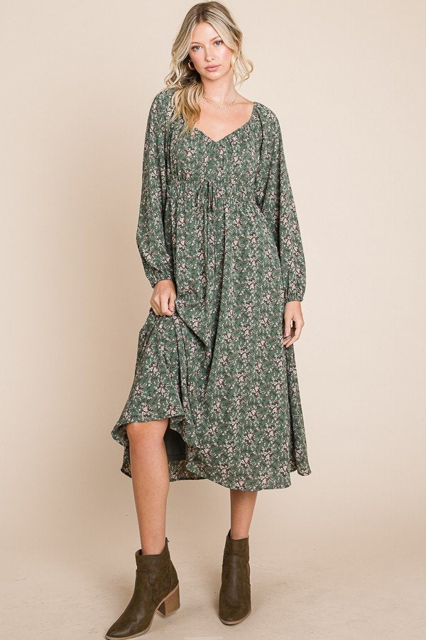 Floral printed puff long sleeve woven midi dress with front tie detail Ivy and Pearl Boutique