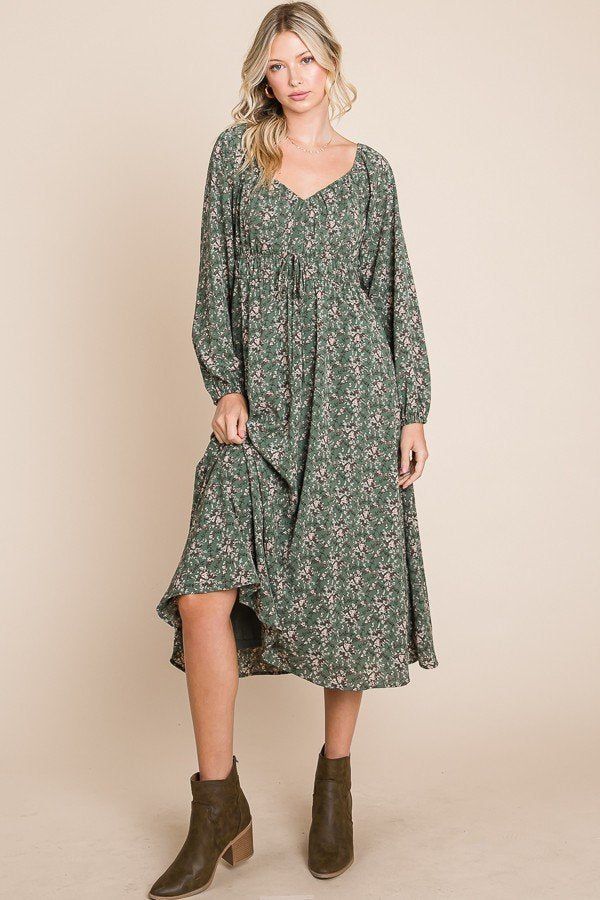 Floral printed puff long sleeve woven midi dress with front tie detail  Ivy and Pearl Boutique   