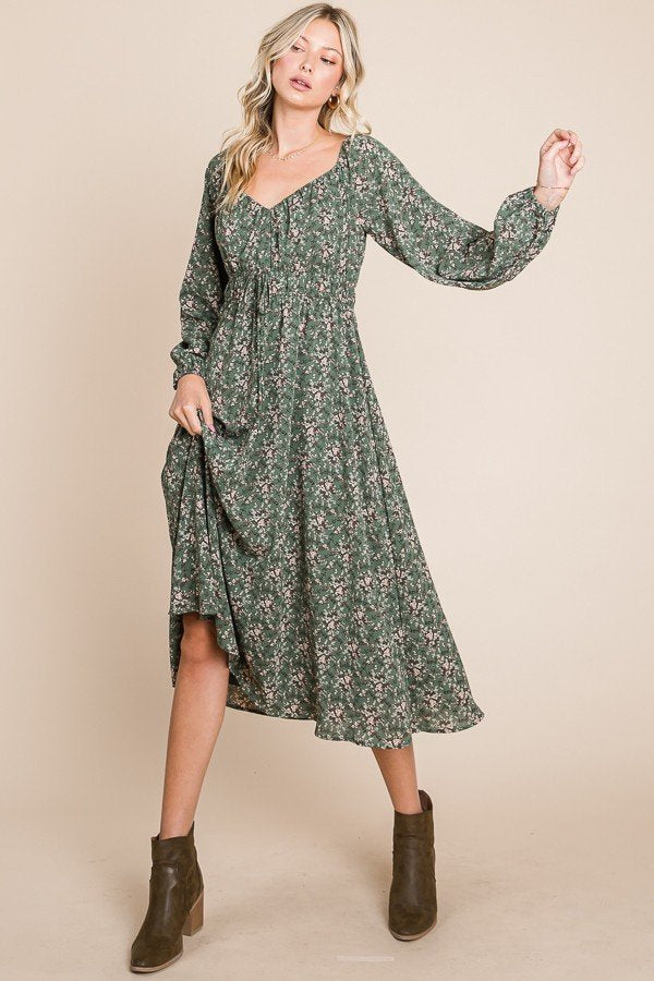 Floral printed puff long sleeve woven midi dress with front tie detail Ivy and Pearl Boutique
