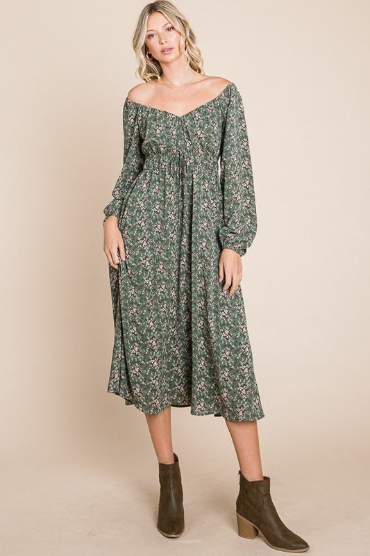 Floral printed puff long sleeve woven midi dress with front tie detail  Ivy and Pearl Boutique Green S