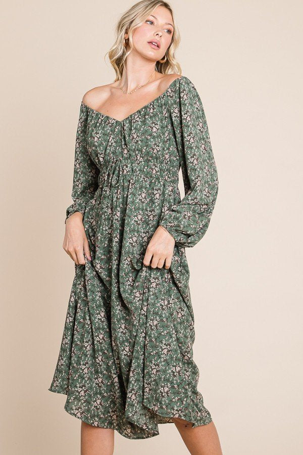 Floral printed puff long sleeve woven midi dress with front tie detail Ivy and Pearl Boutique