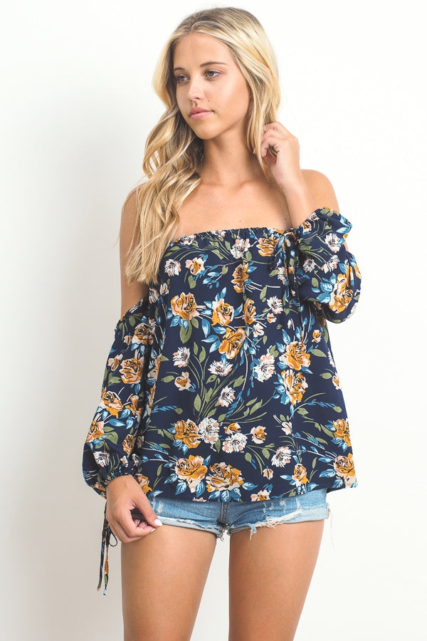 Flowered off-shoulder long sleeve top Ivy and Pearl Boutique Navy S