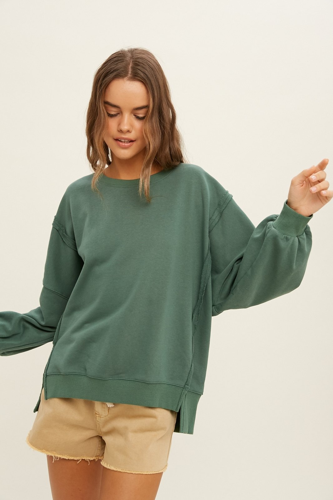 French terry sweatshirt with raw edge detail Ivy and Pearl Boutique Green S