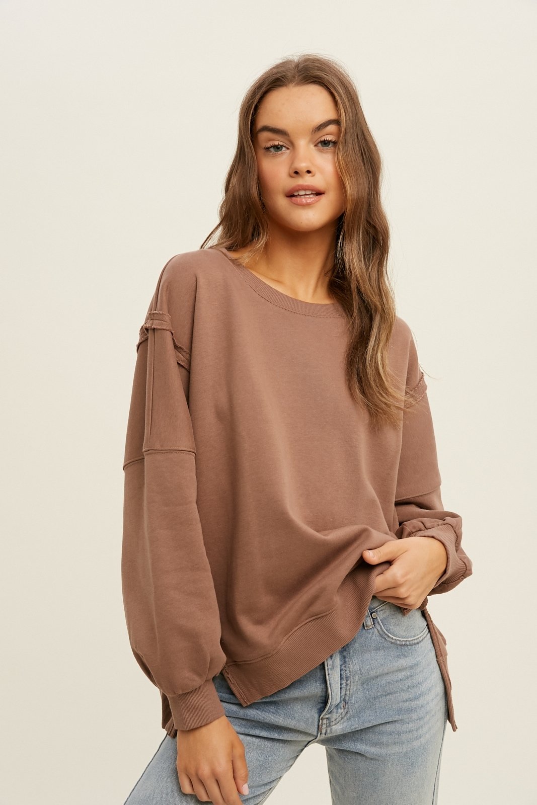 French terry sweatshirt with raw edge detail Ivy and Pearl Boutique Mocha S