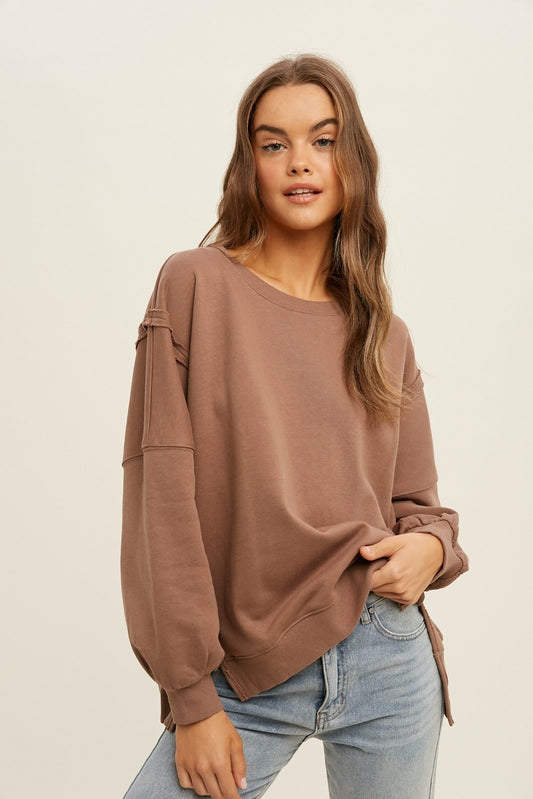 French terry sweatshirt with raw edge detail  Ivy and Pearl Boutique Mocha S