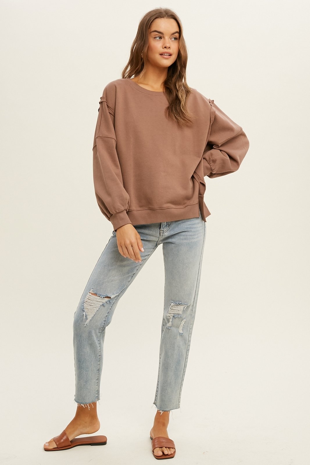 French terry sweatshirt with raw edge detail  Ivy and Pearl Boutique   