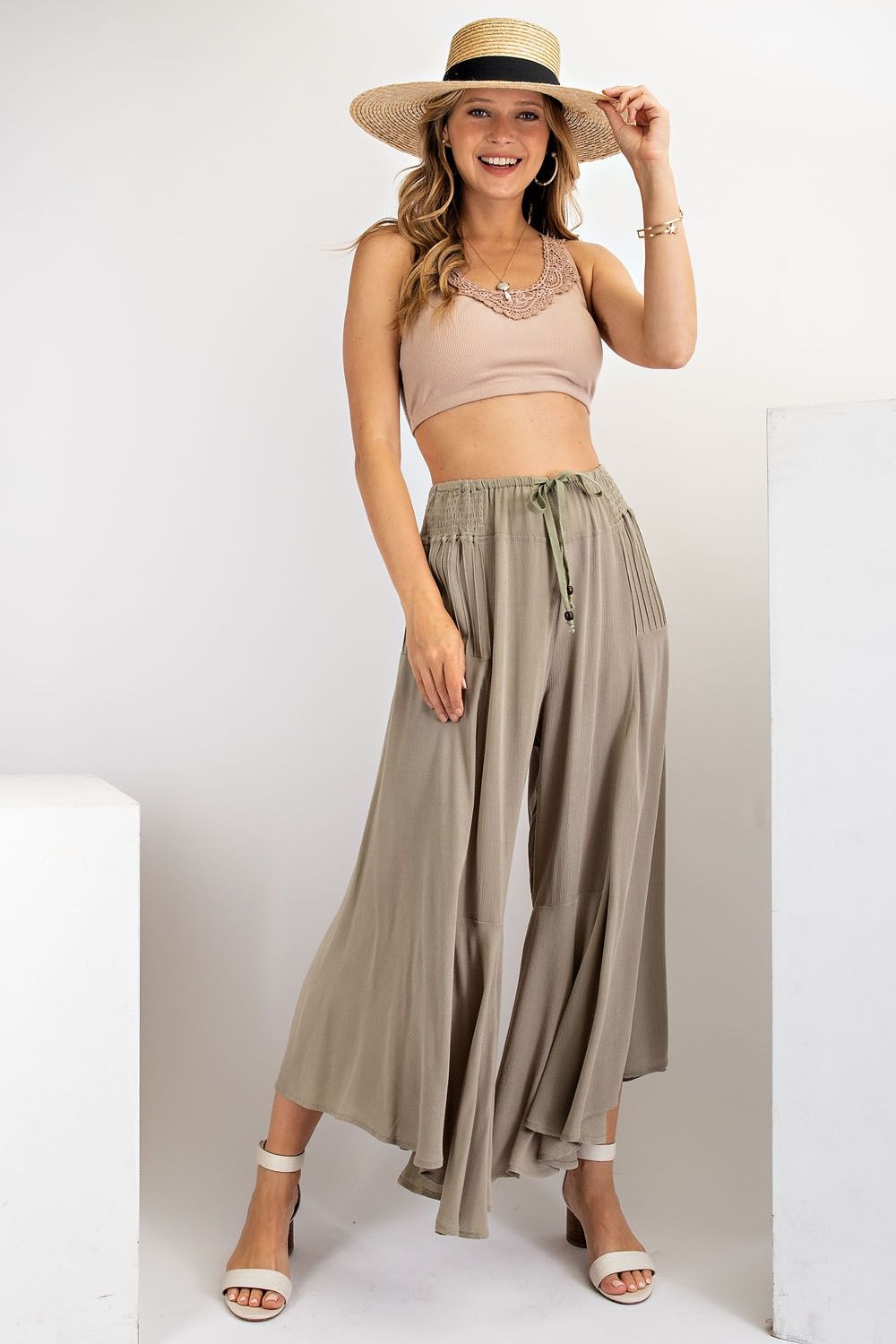 Fresh Air Rayon Gauze Ruffle Bottom Wide Leg Pants Ivy and Pearl Boutique