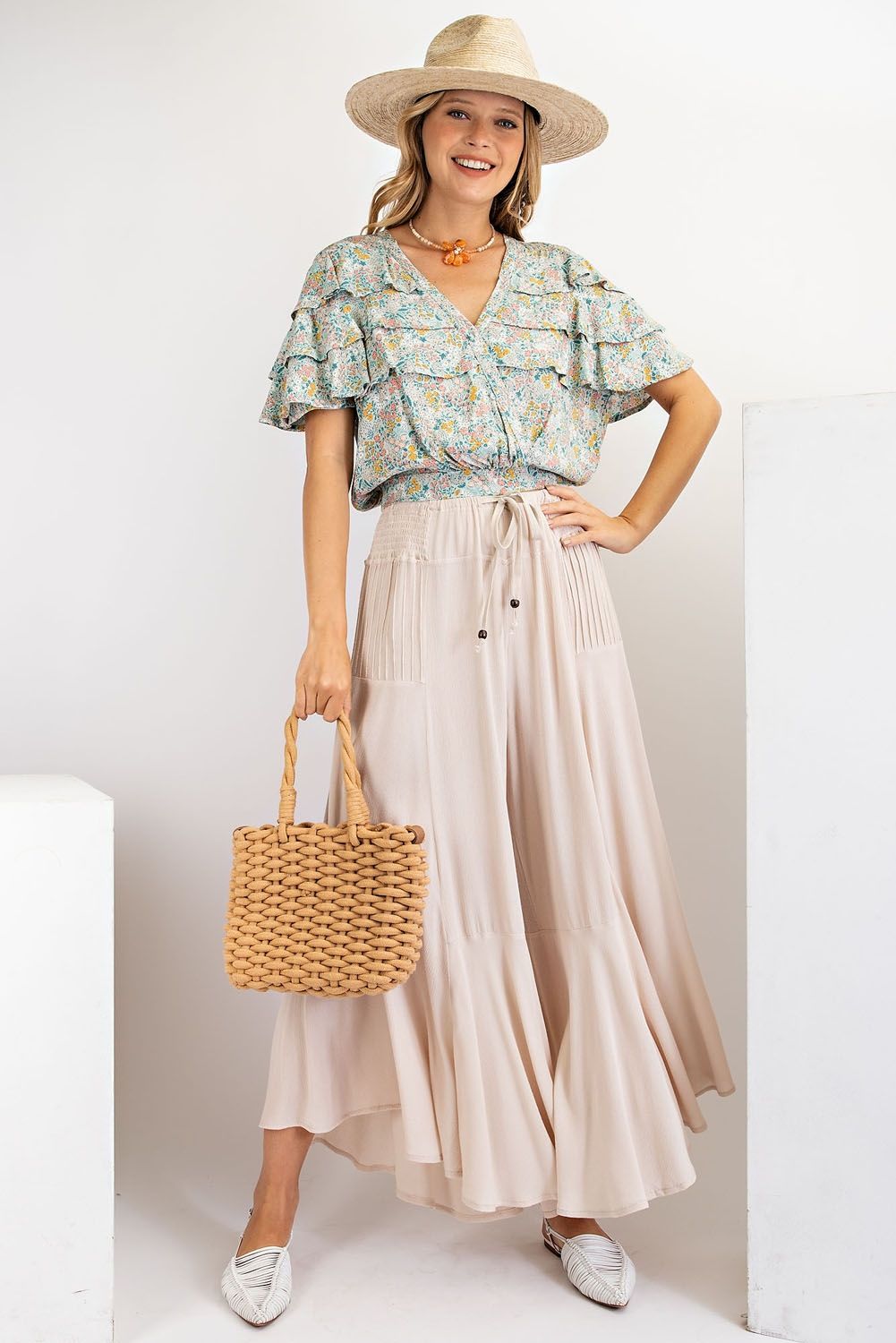 Fresh Air Rayon Gauze Ruffle Bottom Wide Leg Pants Ivy and Pearl Boutique