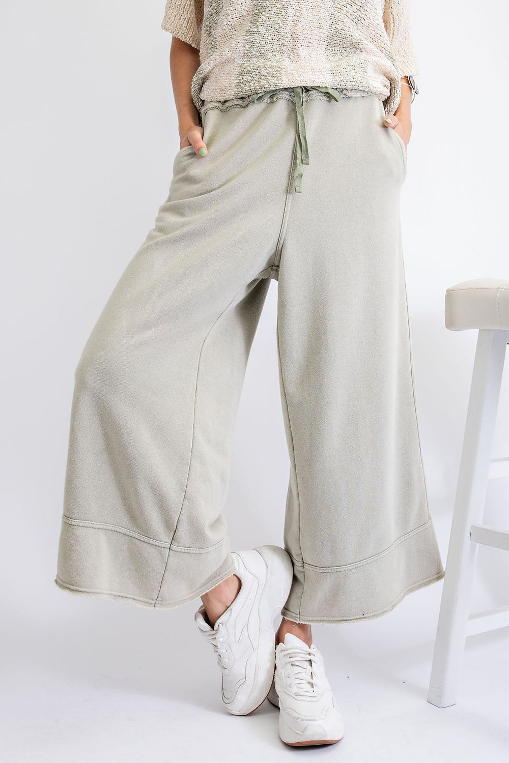 Garment Dye Terry Knit Bottom with Frayed Hems Ivy and Pearl Boutique Earth Sage S